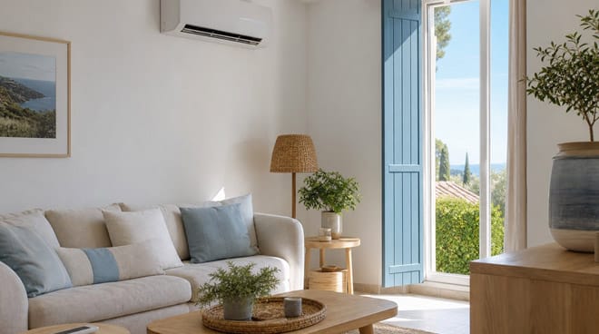Salon rafraîchi avec une climatisation réversible