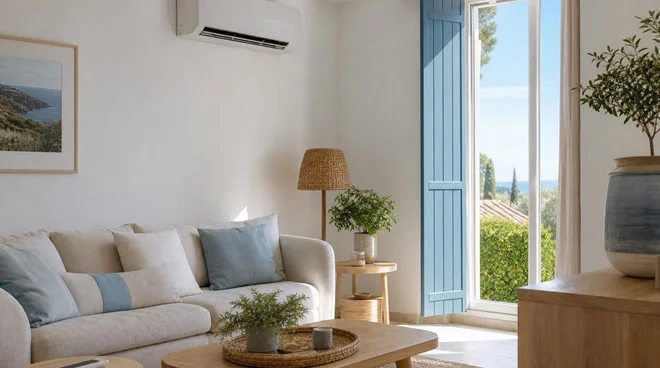 Salon rafraîchi avec une climatisation réversible